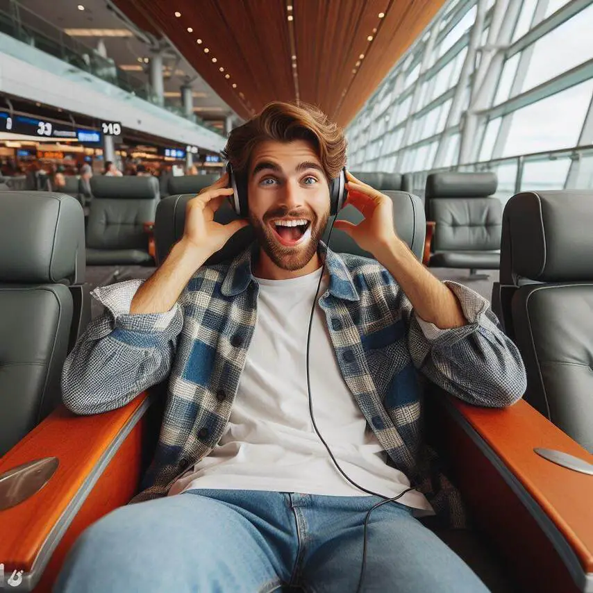 a traveler relaxing on a comfy Pearson Airport lounge chair with headphones on, looking excited and ready to explore